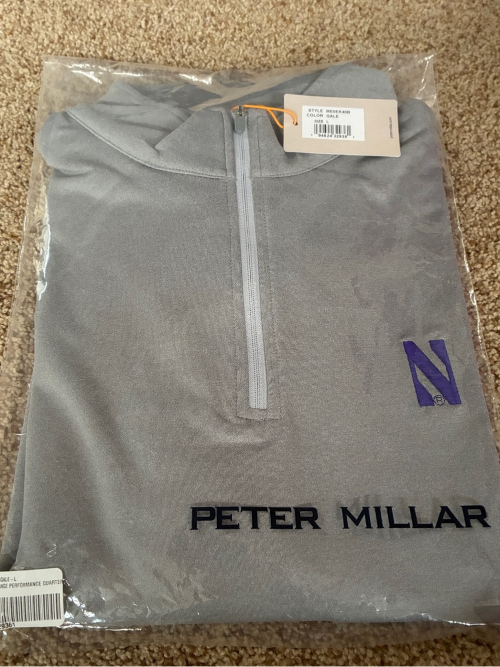 Peter Millar Light Gray Quarter-Zip Performance Pullover with Purple Logo